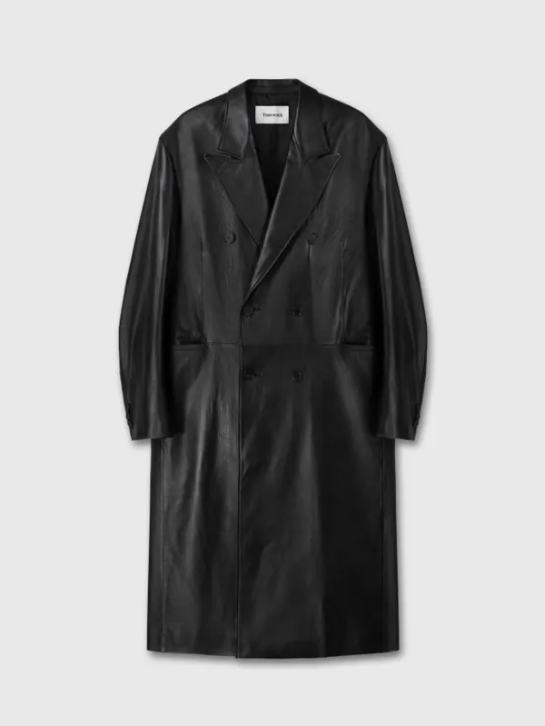 (W) NAPPA LEATHER DOUBLE-BREASTED COAT_ BLACK