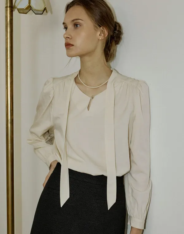 Scarf Tie Goldish Blouse - Light Beige