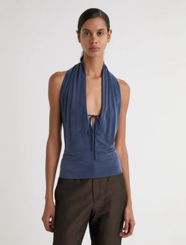 SAPITO-Navy slightly sheer halter top with front lacing