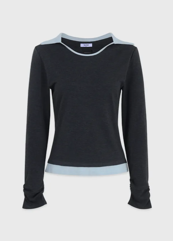  [44-120]  Mia Contrast Collar U-neck Tee  미아 컨트라스트 카라 유넥 티 (봄-가을-데일리룩-출근룩-데이트룩-베이직-캐주얼-페미닌-슬림핏-배색-유넥-다이마루-자체제작) 