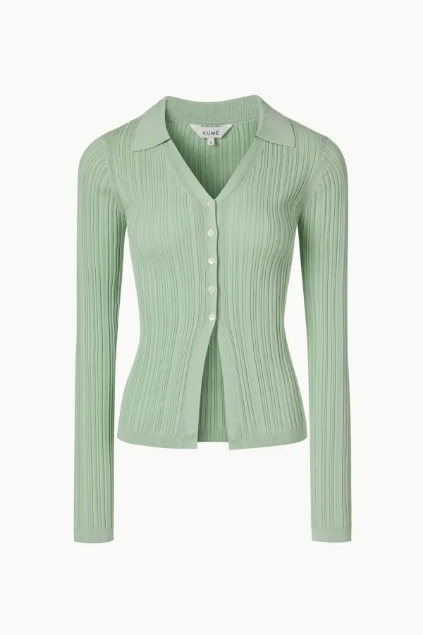 Ribbed Pleated Collared Cardigan, Mint