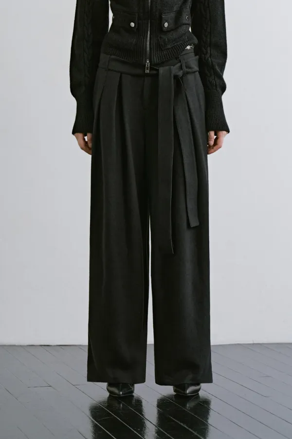 Detachable Belt Pleated Slacks [ Black ]