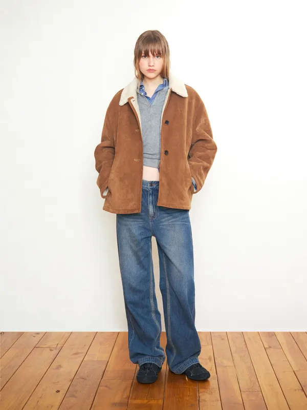 3-Button Suede Shearling Jacket_Camel