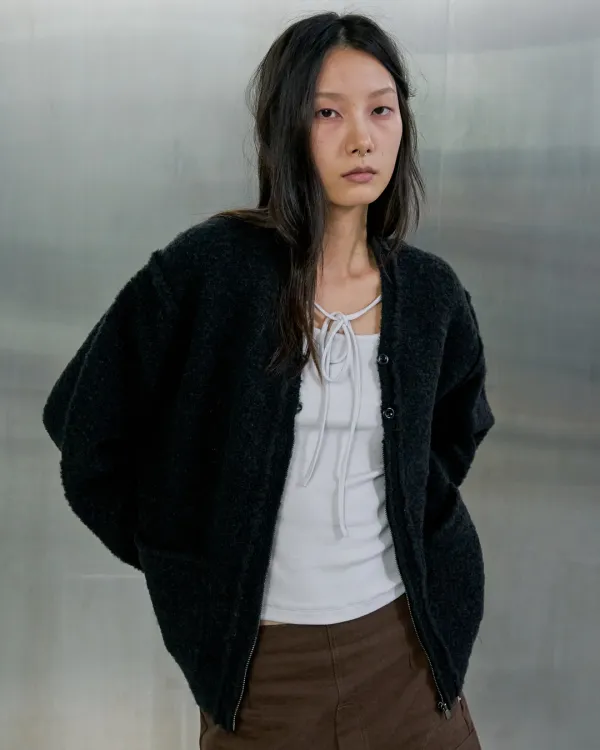 REVERSED BUTTON-ZIP CARDIGAN - CHARCOAL