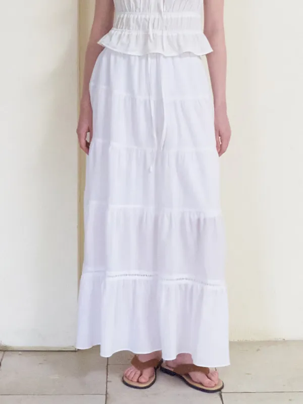 Crinkle Tiered Long Skirt, White