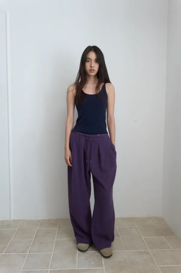 PLEATS TUCK WIDE FLEECE PANTS_PURPLE