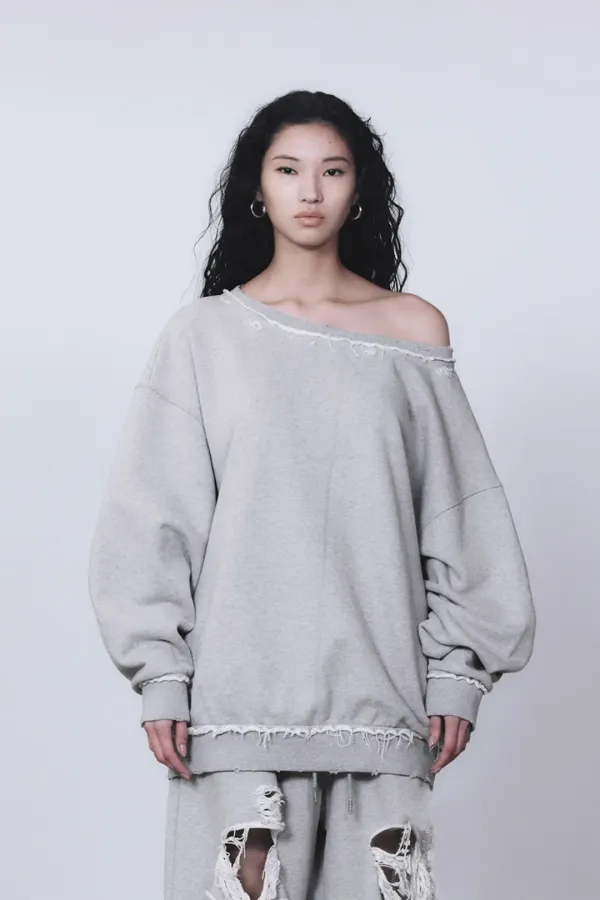 Scratch Damage Boat Neck Sweat Shirt [ Melange Gray ]