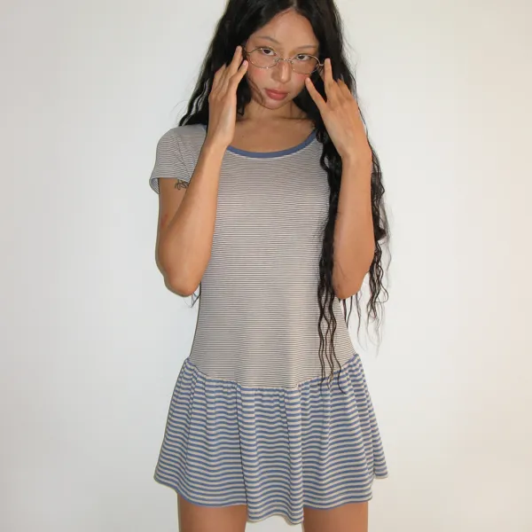 MULTI LAYERED T SHIRT DRESS DEEP BLUE STRIPE