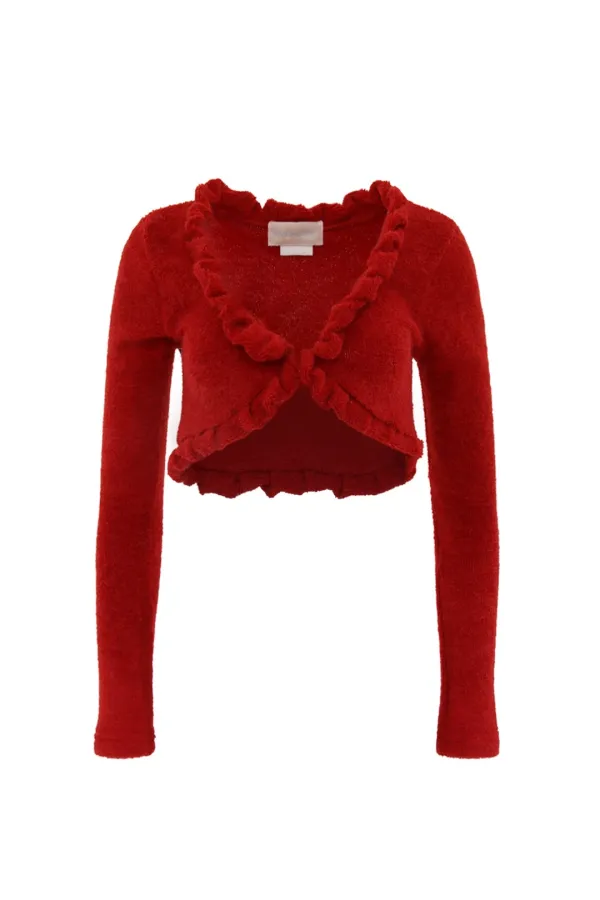 TWIST FRILL TERRY CARDIGAN RED