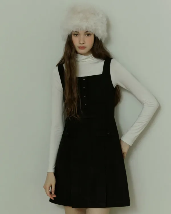 Square line button mini dress - black