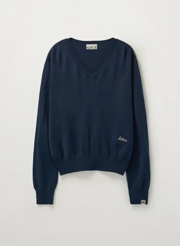 (W) V-Neck Fine Wool Knit - Navy