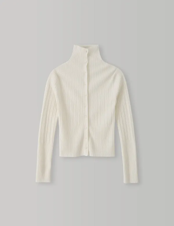 Ribbed High Neck Cardigan (Ivory)