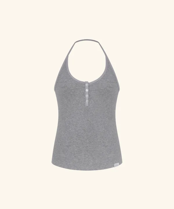 [9/22 11:00am Coming soon] Letters Contrast-Trim Halter Top (Melange Grey)