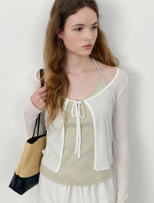 Tie-front lettuce hem cardigan_Ivory