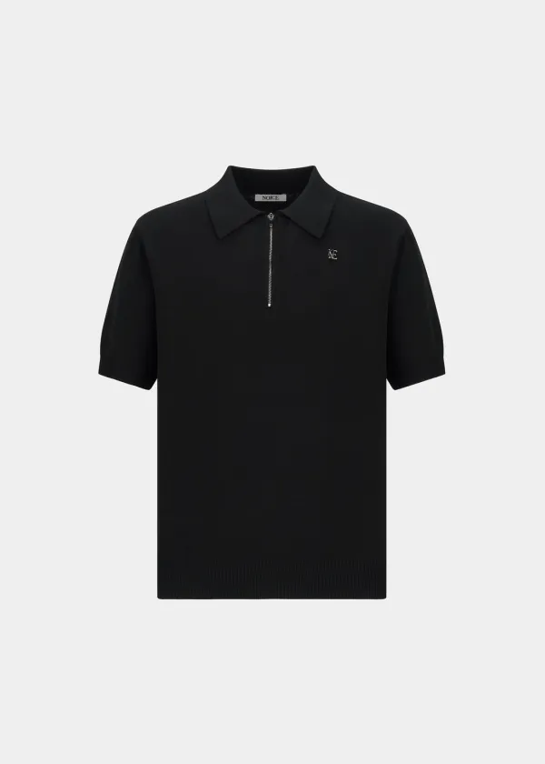 QUARTER-ZIP KNIT POLO SHIRT - BLACK
