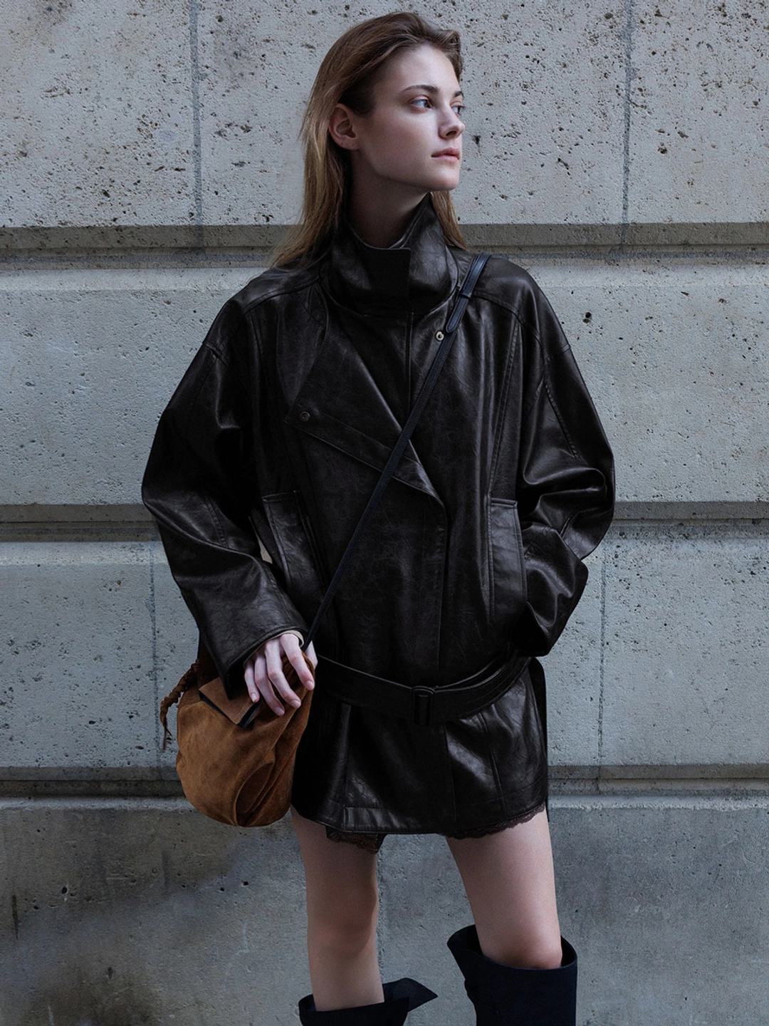 루에브르 Faux Leather Layered Placket Belted High-neck Jacket SL6AM803-94 상품 이미지 1