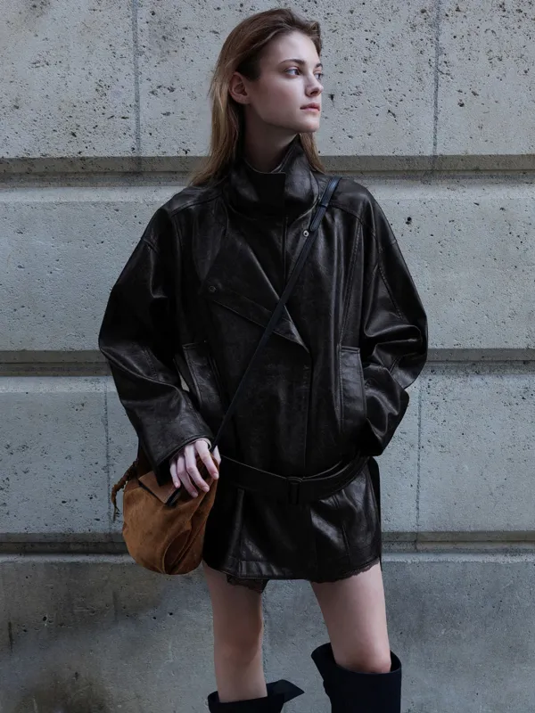 Faux Leather Layered Placket Belted High-neck Jacket SL6AM803-94