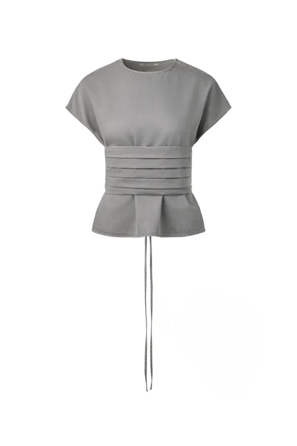 GARMENT-DYED SOFT DENIM SNAP BLOUSE & PINTUCK BUSTIER SET UP [GREY]