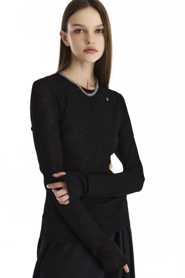 Sheer Rib One-Neck T-Shirt [ Black ]