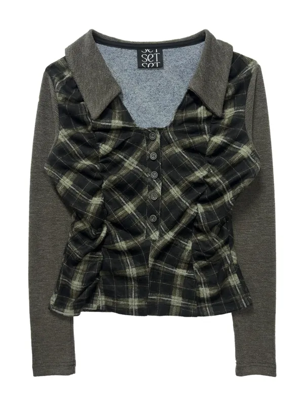LABYRINTH CHECK SHIRRING TOP KHAKI