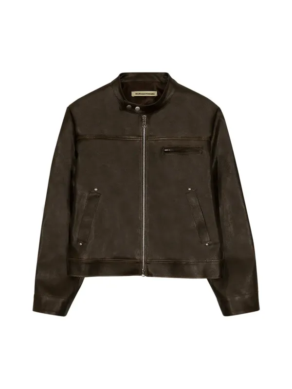 RIVET WASHED FAKE LEATHER JACKET (BROWN)
