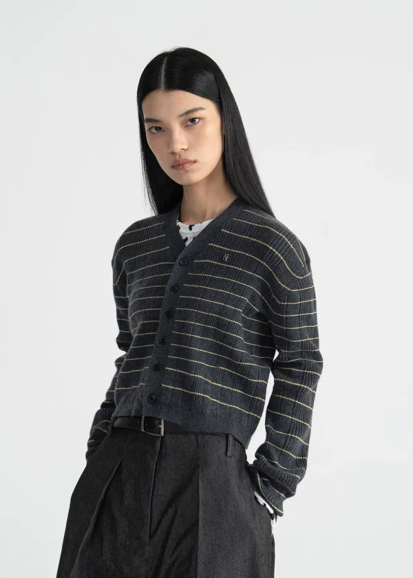 (UNI) MERINO WOOL RIBBED CARDIGAN - CHARCOAL