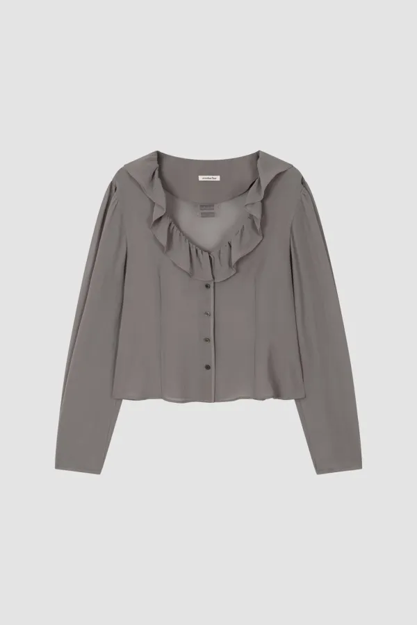 RUFFLE SCOOP NECK BLOUSE_KHAKI GREY
