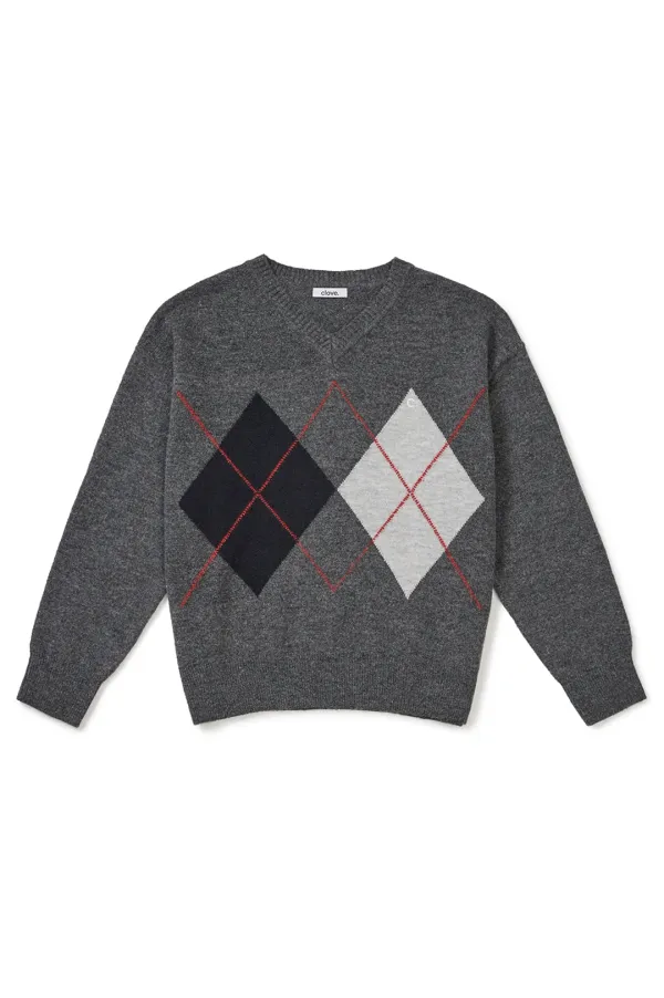 [25FW clove] V-Neck Argyle Sweater (Melange Grey)
