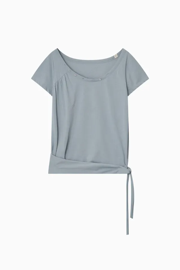 ONE-SHOULDER WRAP T-SHIRT, GRAY
