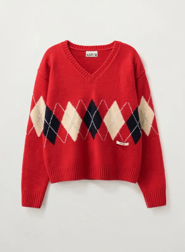 (W) Argyle V-Neck Pullover Knit - Red