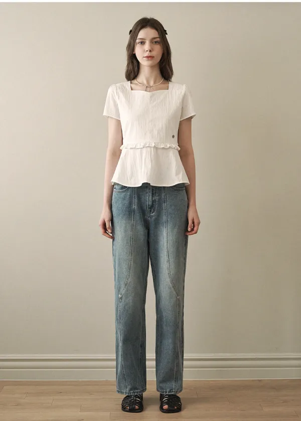  [44-120]  Lilac Back Strap Frill Blouse  라일락 백 스트랩 프릴 블라우스 (여름-하객룩-데이트룩-러블리룩-데일리룩-오피스룩-플레어-백스트랩-하트넥-반팔블라우스-여리블라우스-프릴-빅사이즈-자체제작) 