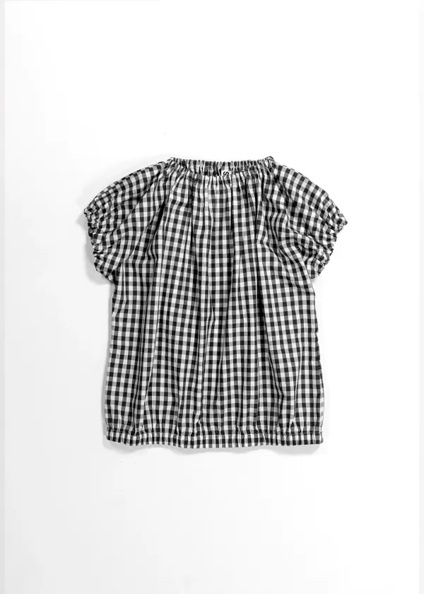 VOLUME SHIRRING CHECK TOP - BLACK CHECK