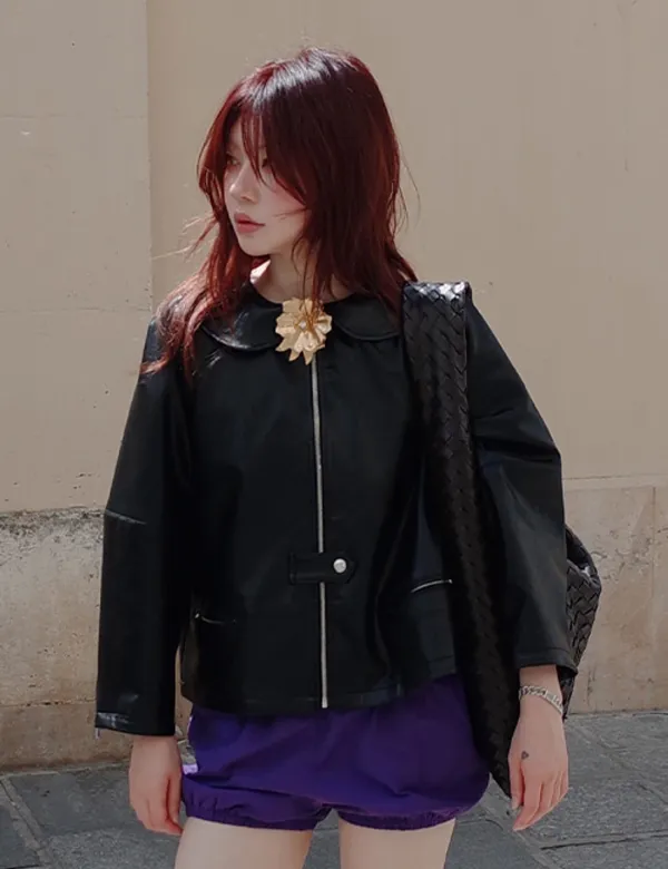 round collar faux leather jacket