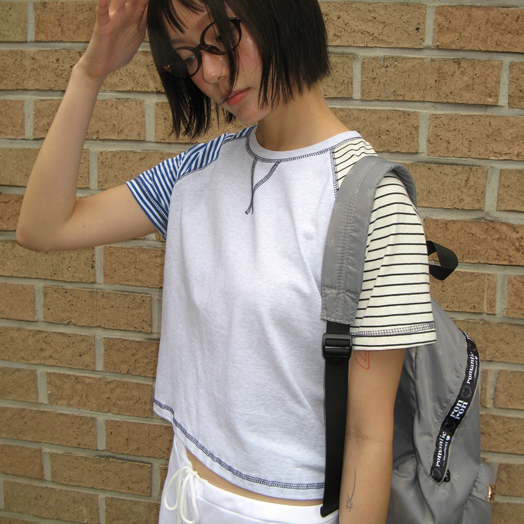 론론 MULTI STRIPE STITCH RAGLAN T SHIRT WHITE MELANGE 상품 이미지 1