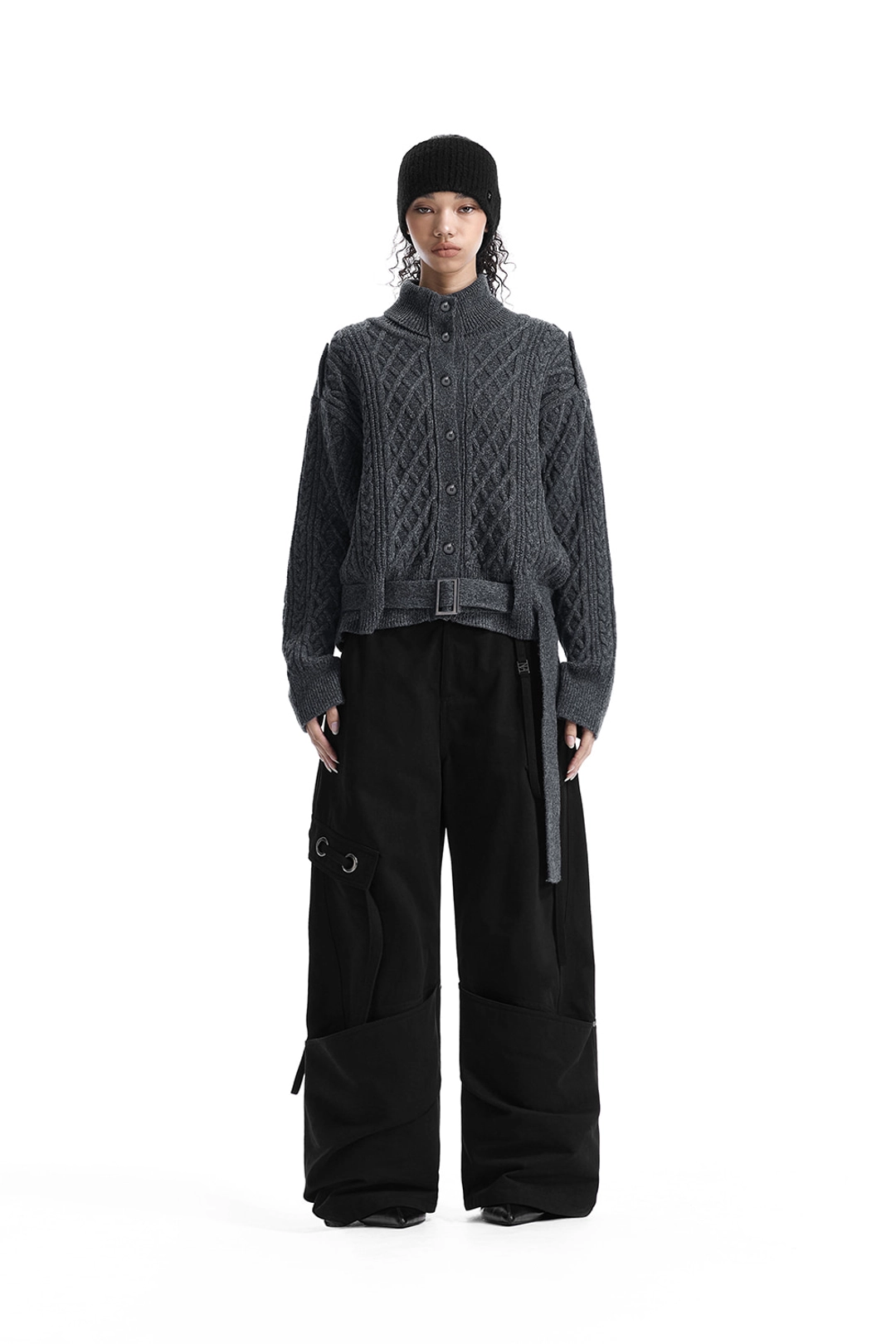 트리밍버드 Belted Button Fisherman Knit Jacket [ Charcoal ] 상품 이미지 2
