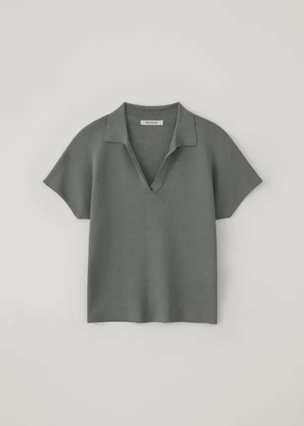 Tann collared half knit top (cement)