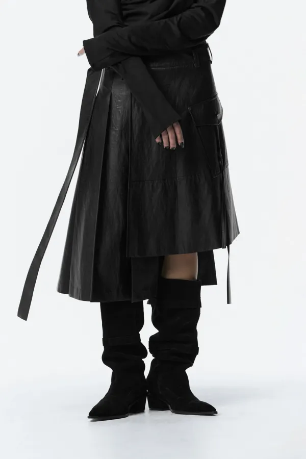 Pleated Leather Wrap Skirt [ Black ]