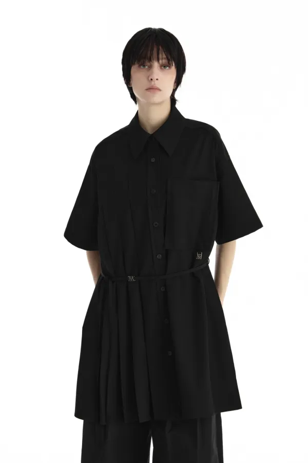 Pleated Daddy Fit Short Sleeve Shirt [ Black ]