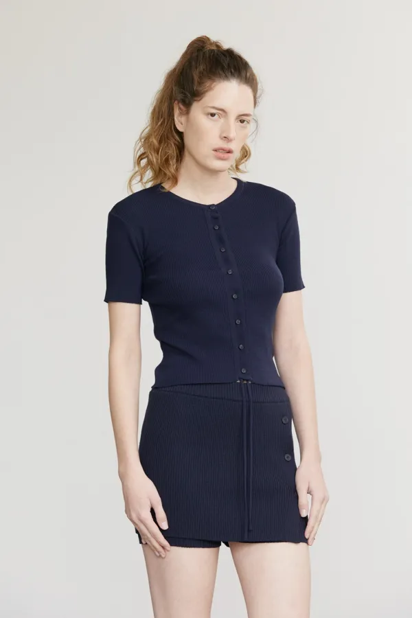 SHIRRING BUTTON KNIT CARDIGAN (NAVY)