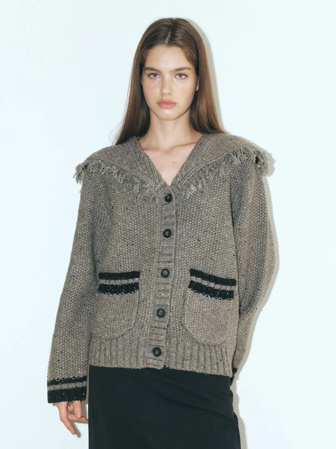 에트몽 Fringe Sailor Wool Knit Cardigan, Charcoal 상품 이미지 2