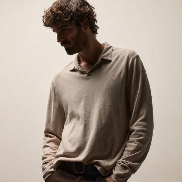 Slub Jersey Long Sleeve Open Polo - Stone Pigment