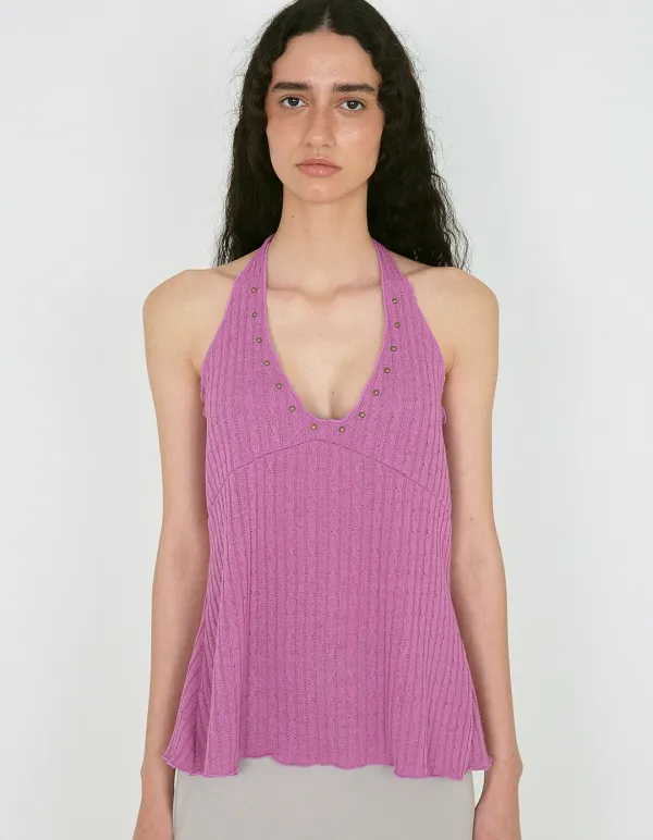 STUDDED CABLE HALTER TOP, PURPLE PINK