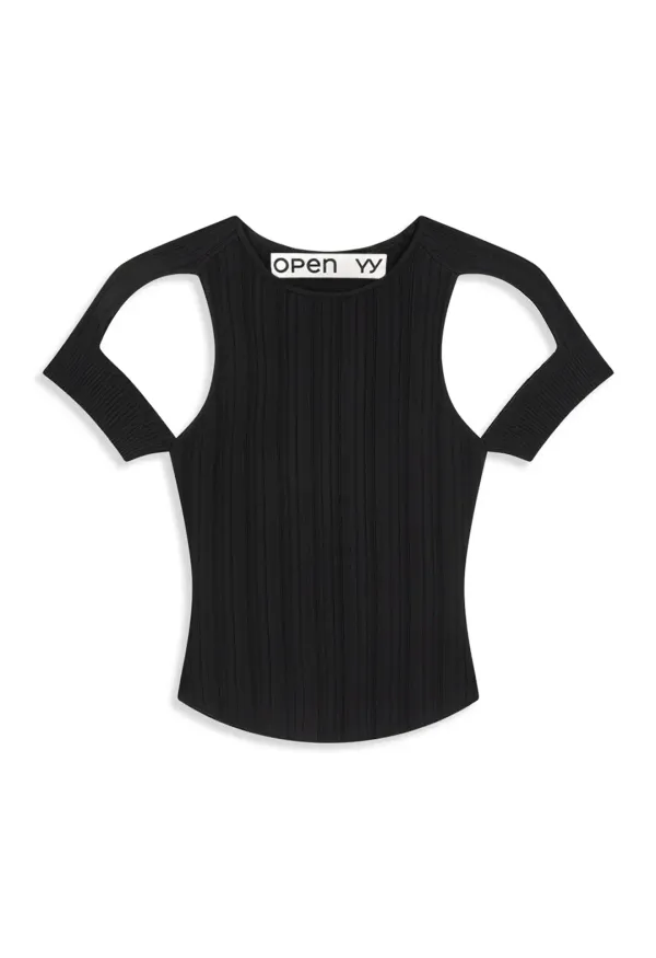 PLEATED CUT-OUT KNIT TOP, BLACK