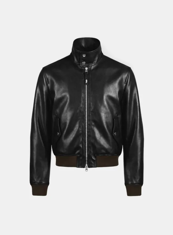 [w-jkt26-015] Leather High-Neck Jacket - Black