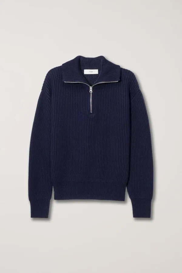 UNISEX HALF ZIP-UP RIBBED WOOL SWEATER FRENCH NAVY