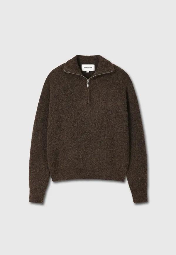Wool Blend Boucle Zip Sweater_ Brown
