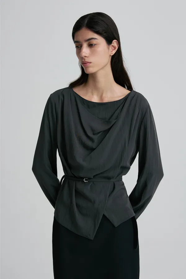 DRAPED COWL-NECK TIE-WAIST TOP CHARCOAL