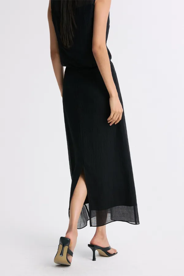SHEER LAYERED SLIT-BACK MIDI SKIRT BLACK