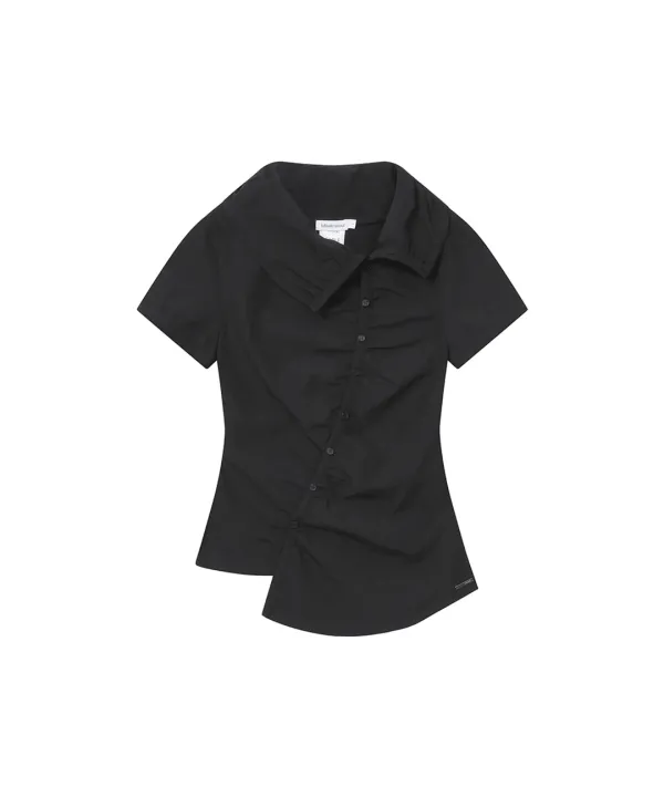 [레이 PICK] High neck shirring button shirt BLACK