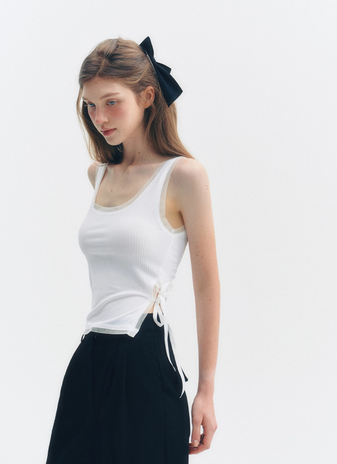 더티스 MESH SATIN RIBBON SLEEVELESS SHIRT (IVORY) 상품 이미지 2